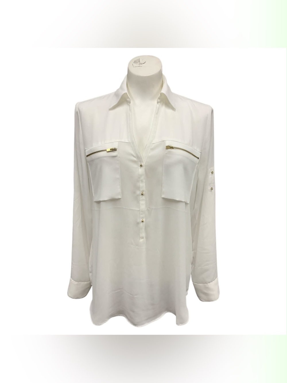 Express White Long-Sleeve Button-Front Blouse with Zip Pockets Size M